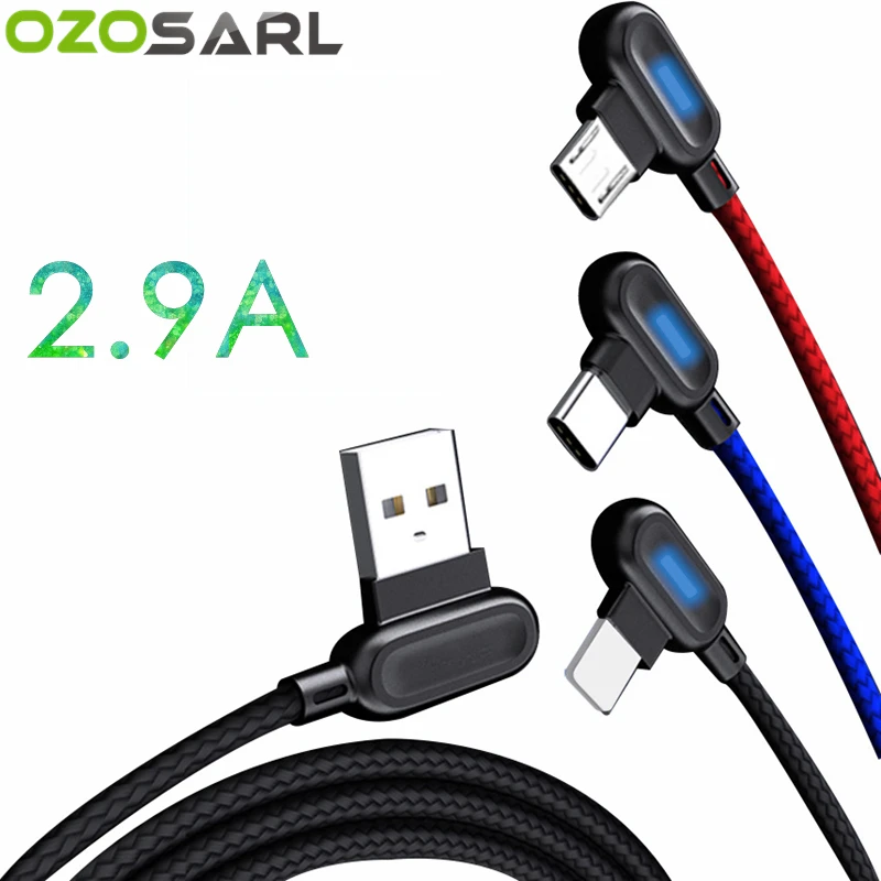 

3 in 1 2.9A Fast Charging LED Light USB Cable Type C Micro USB Charger Cable L Type Bending Nylon Cord for iPhone Cable
