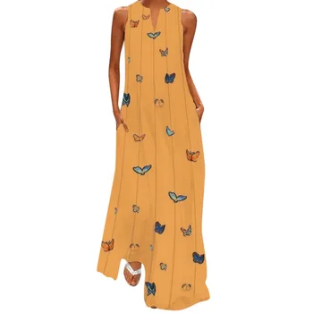 

2019 MAXIORILL New Vintage Women Vintage Daily Casual Sleeveless Striped Butterfly Printed Summer Dress платье Wholesale y3