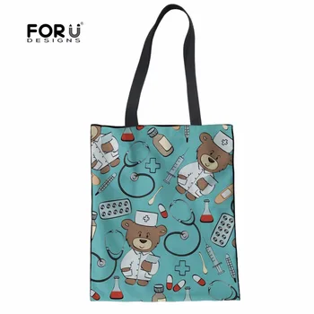 

FORUDESIGNS Shopping Bag Cartoon Bear Doctor Print Canvas Tote Bag Women Cloth Bag Teenager Girls Daily Cotton Bag Grocery Bolsa