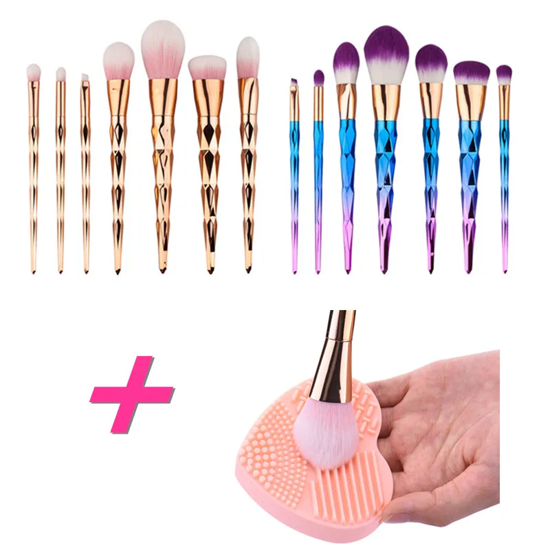 7pcs/set Beauty Crystal Professional Colorful Rose Gold Makeup Brushes Set Silicone Brush Cleaner Eye Shader Liner Cosmetics | Красота и