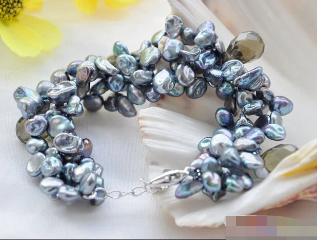 

free shipping 01350 4row black lamina keshi pearl drip faceted smoky quartz bracelet