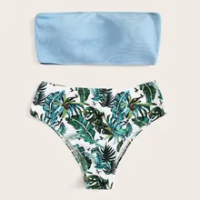 Женская печать зеленого цвета небесно-синяя повязка бикини повседневные Бразильские Купальники с подушечкой пляжная одежда бандо без бретелек ремень купальник# XP