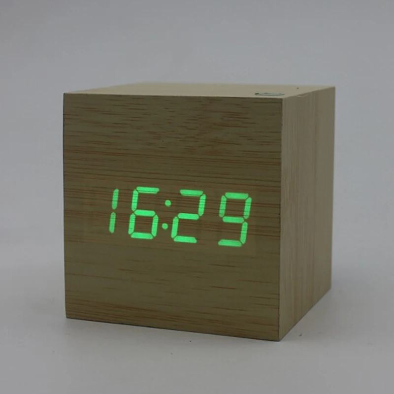 New Wooden Creative Cube Digital LED Desk Alarm Thermometer Timer Calendar USB AAA Clock