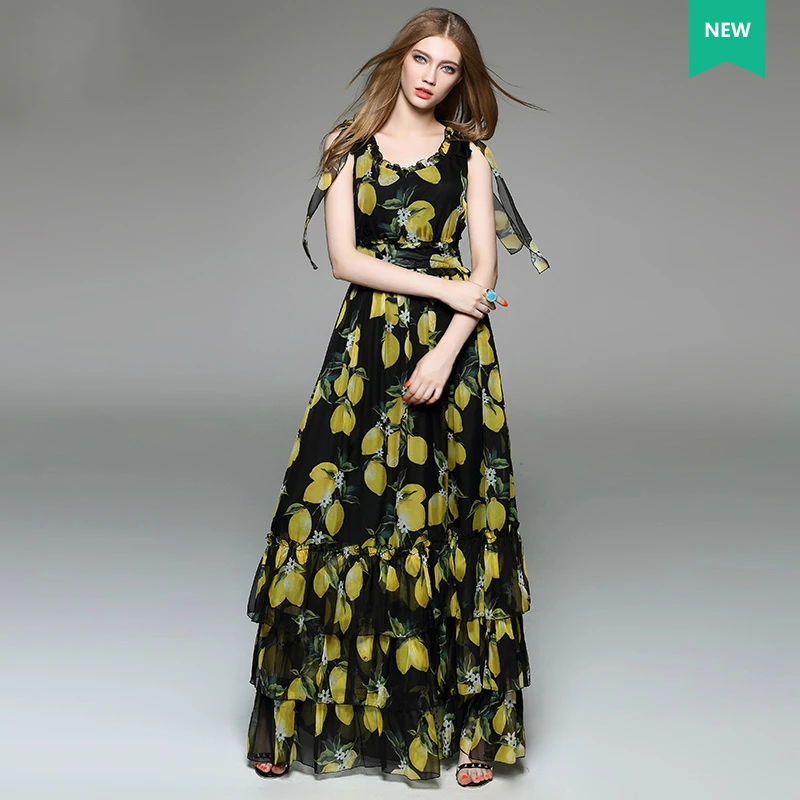 Vrouwen elegante Citroen Gedrukt Boog Schouder vest Taart jurk Designer Boutique mouwloze maxi lange chiffon jurken met slagen Vrouwen elegante Citroen Gedrukt Boog Schouder vest Taart jurk Designer Boutique mouwloze maxi lange chiffon jurken met slagen
