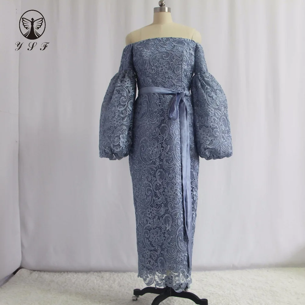 

Simple but Elegant Off the Shoulder Long Sleeve Sheath Tea Length Lace Mother of the Bride Dresses
