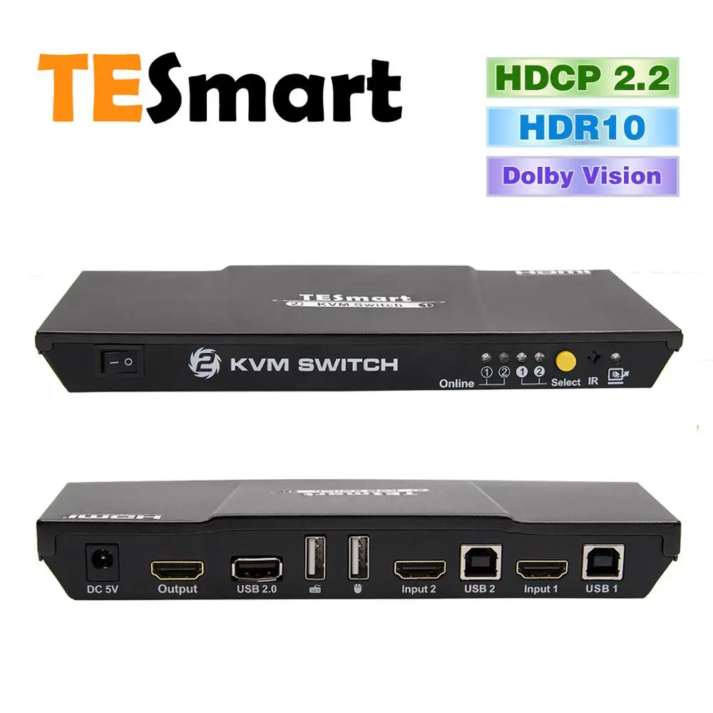 TESmart HDMI KVM переключатель 4 к x 2 K @ 30 Гц Ultra HD 2x1 HDMI коммутатор KVM 1080 P 3D с ИК пульт дистанционного управления и 2 шт. 5ft KVM Кабели