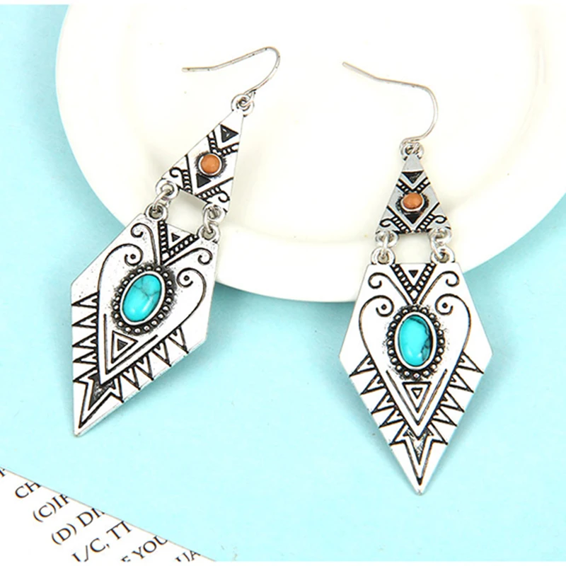 

Tibetan Drop Earrings for Women Antique Gold Silver Geometric Carved Blue Green Big Dangling Earrings Fashion Jewelry Brincos