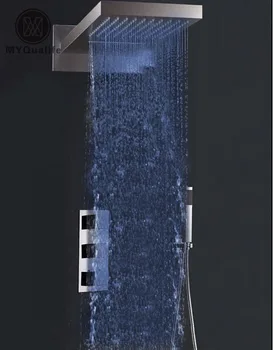 

Chrome 3-ways Shower Faucet Mixer Tap W/ LED Light Waterfall & Rainfall Shower Head + Thermostatic Mixer Valve + Handshower