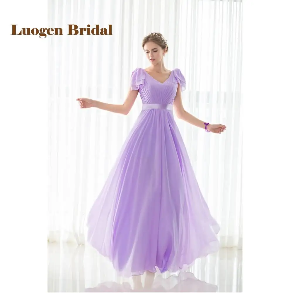 Luogen Bridal 2017 In Stock Bridesmaid Dresses Purple Column Sashes V-Neck Pleat Chiffon Long Wedding Party Gowns Wholesale | Свадьбы и
