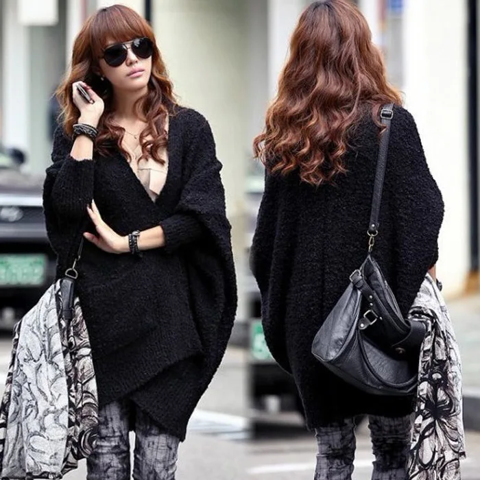 Новая мода открыть стежка Batwing Вязаный Кардиган Женская Повседневная карман