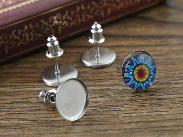 (Nenhum desvanece-se) 10mm 20 unidades/lotes 2 estilo de aço inoxidável brinco studs, brincos em branco/base, cabochons de vidro de 10mm caber, botões;