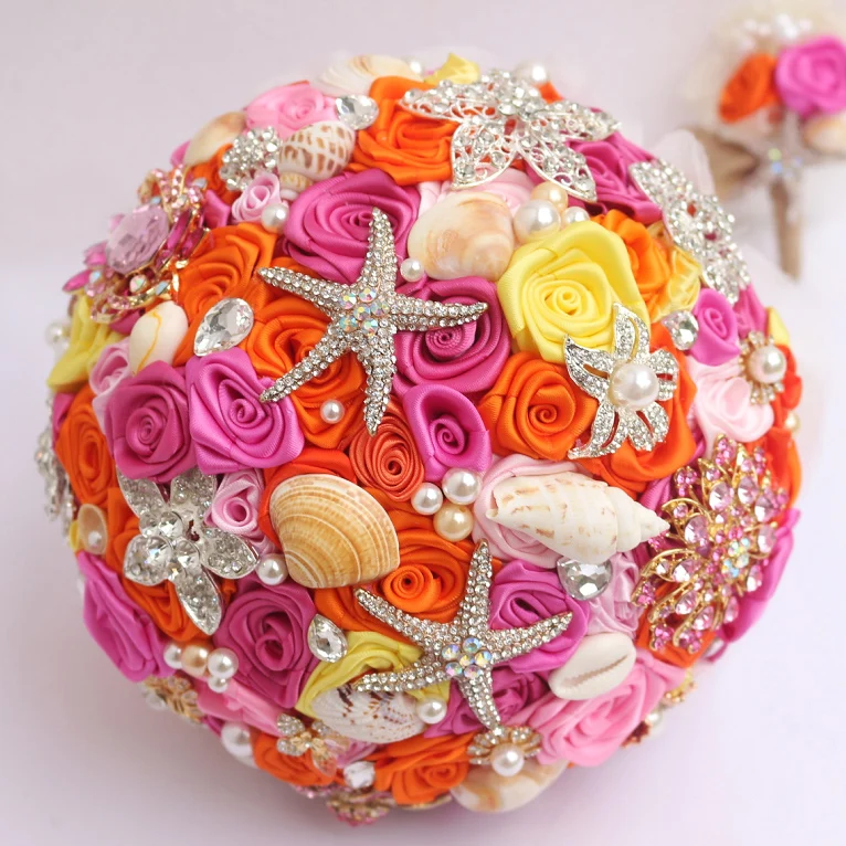 Orange Pink Wedding Bouquet Custom Bridal Brooch Bouquet Marine Themed Starfish Shell Pearl Bouquet Wedding Supplies Pearl Bouquet Brooch Bouquetwedding Bouquet Aliexpress