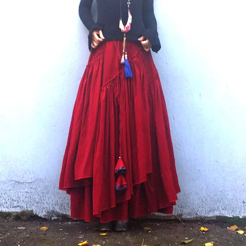 

2019 National Long skirt Autumn and Winter Retro Casual Pleated Red Black Corduroy Dance female Ladies Skirt / Skirts Womens