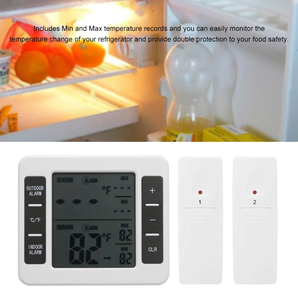 

Fridge Thermometer Wireless Digital Audible Alarm Refrigerator Thermometer with 2PCS Sensor Display Indoor Outdoor Thermometer