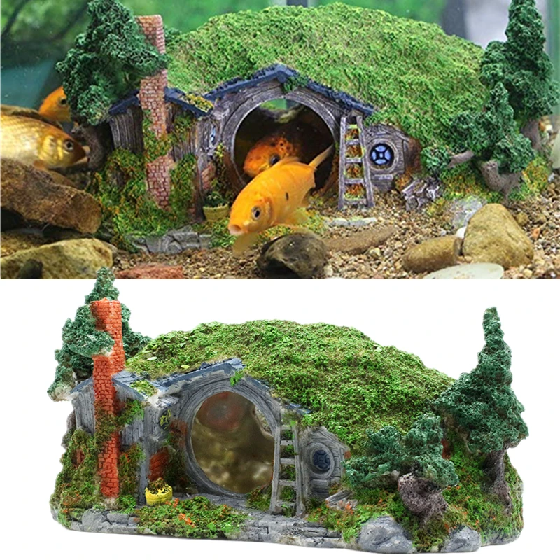 

New Hobbit Artificial Aquarium House Decoration Reptile Shrimp Fish Tank Rock Cave Hiding Shelter Lascaping Ornament Castle