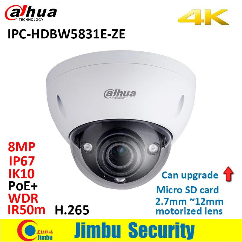 

Dahua 8MP camera IPC-HDBW5831E-ZE WDR Network h.265 4K Dome IR50m PoE+ 2.7mm ~12mm motorized lens IK10 Micro SD memory 128GB IVS
