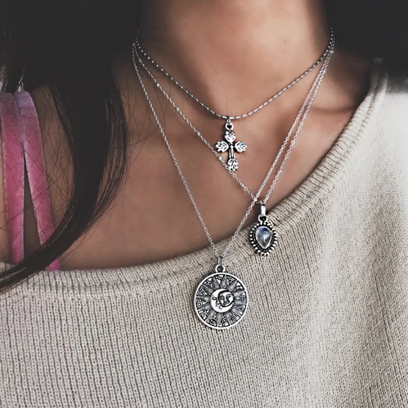 

Bohemian Female Necklace Crystal Cross Drop Tarot Pattern Chain Pendant Silver Necklace Set Lady Beach Party Accessories