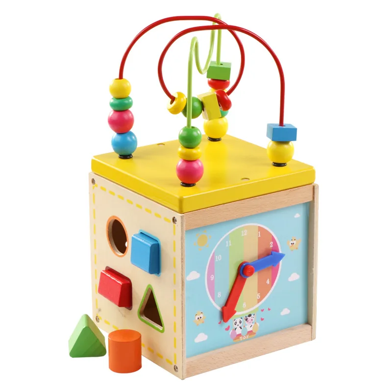 Colorful Wooden Children's Baby Educational Toys Multi-function Round Beads Baby Clock Wooden Block stringing beaded Toys