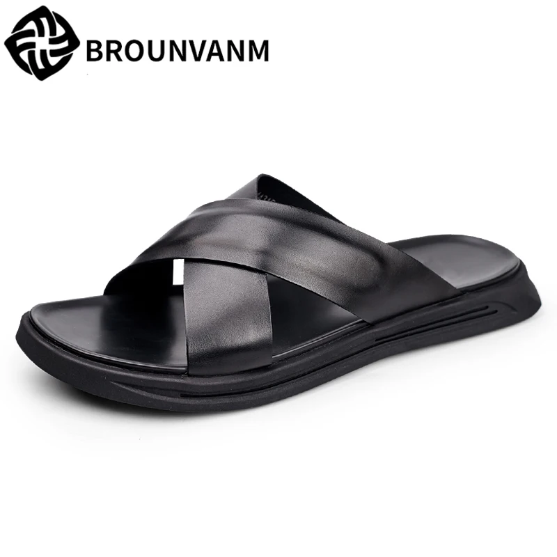 2018 new men's Genuine Leather sandals Sneakers Men Slippers Flip Flops Summer casual shoes beach outdoor all-match cowhide male