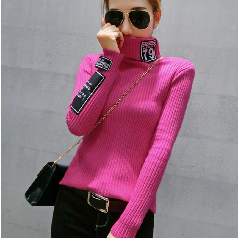Весенний женский свитер, пуловер с длинным рукавом, Женские базовые свитера, пуловеры, Однотонный свитер с буквенным принтом - Цвет: Розовый