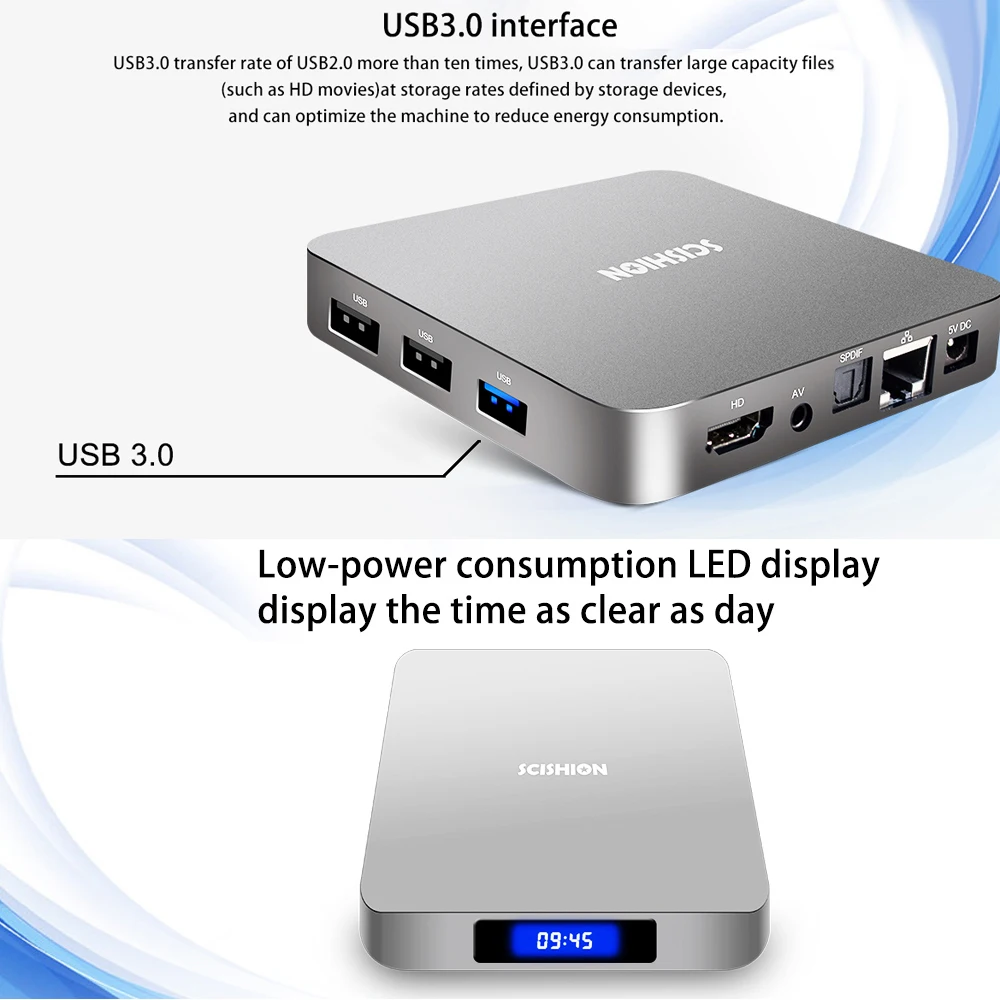 SCISHION AI One Android 8,1 tv Box Голосовое управление RK3328 4K медиаплеер TF карта до 32 гб поддержка 5,1 объемного звука выход