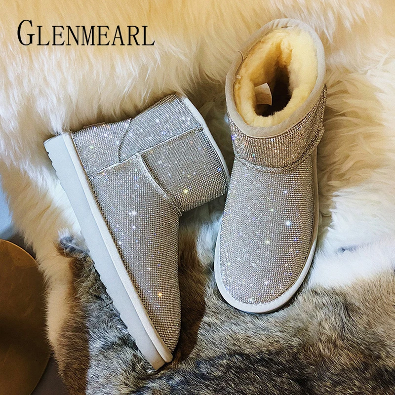 Botas de nieve para mujer zapatos de invierno de botas de tobillo de diamantes de imitación de diamantes de plataforma de zapatos de mujer resbalón en Casual más tamaño de plata de oro DE - 1