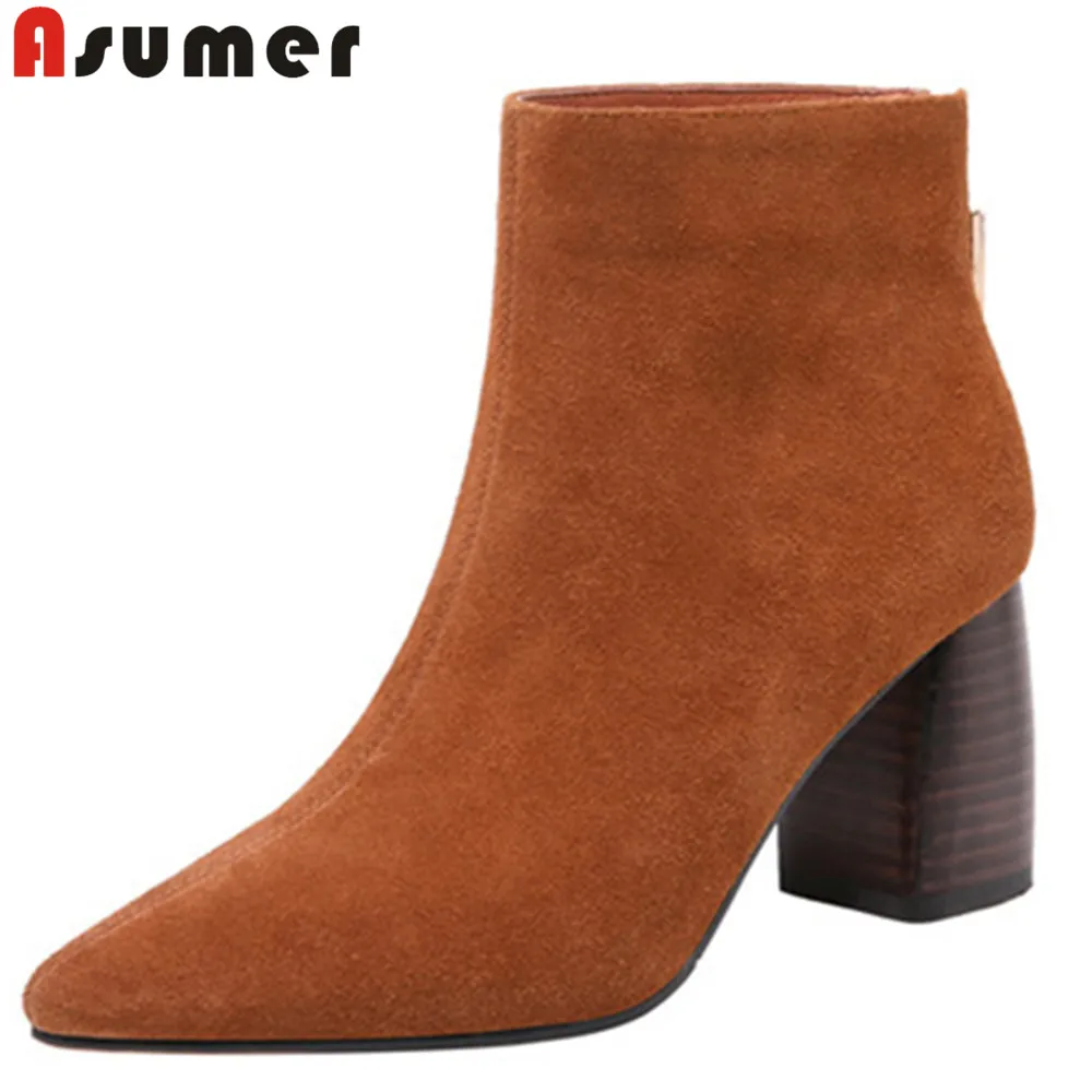 

ASUMER 2020 fashion autumn winter shoes woman pointed toe zip ladies boots thick high heels ankle boots women suede leather