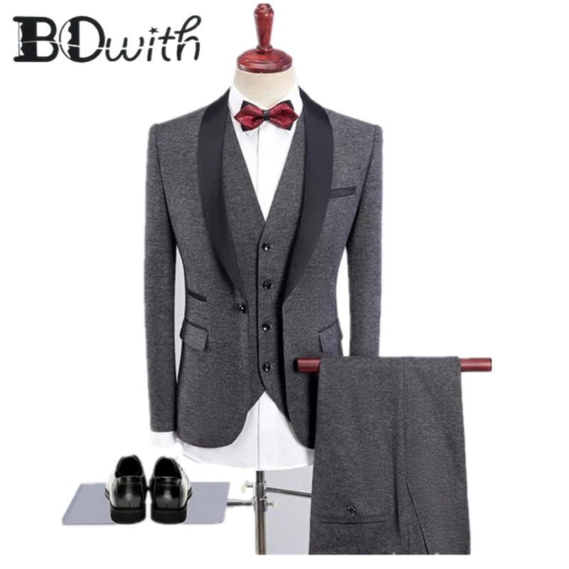 

2019 Newest Grey Men Suits Shawl Collar One Button Slim Fit 3 Pieces Jacket+Vest+Pants For Wedding Tuxedos Formal Suits