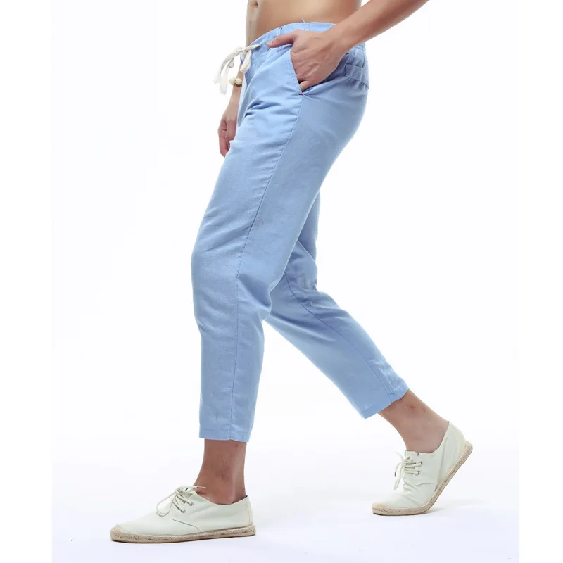 Льняные мужские брюки длиной до щиколотки, летние тонкие повседневные однотонные льняные мужские свободные брюки, льняные брюки из Харлана, 4 цвета, размер S-3XL - Цвет: Синий