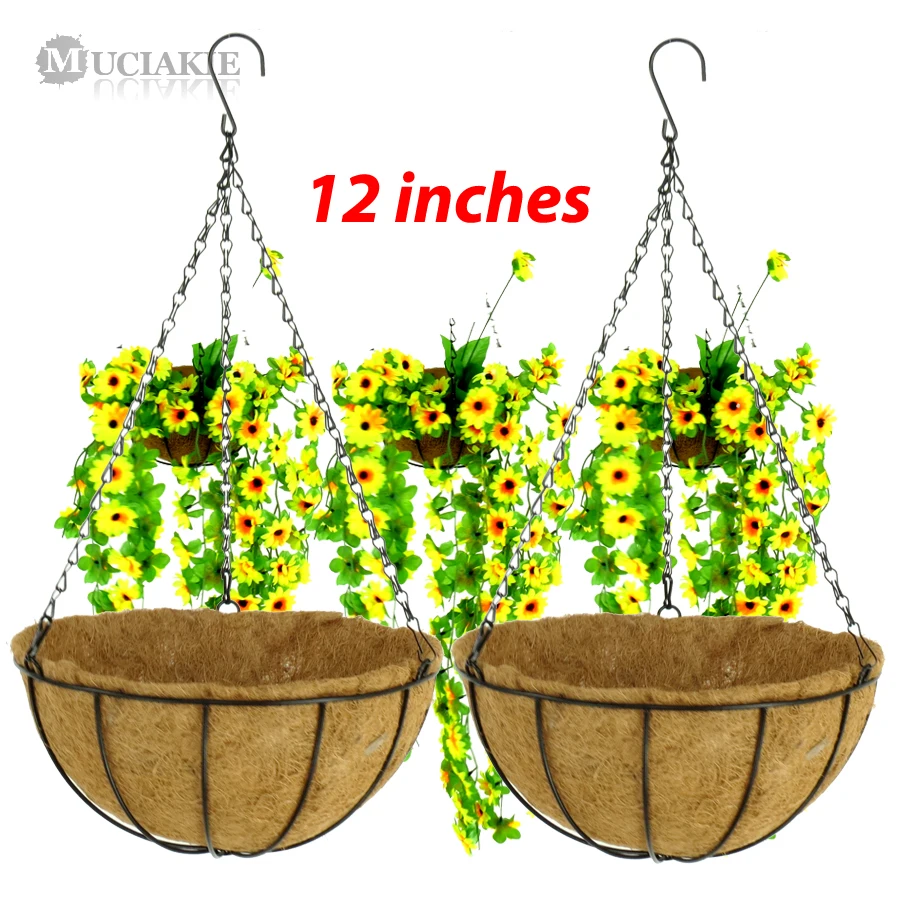 

MUCIAKIE 4PCS 12'' Hanging Baskets Made of Iron Wire with Coconut Liners Black Chain Hooks for Hanging Bonsai Pot Flowers Plants