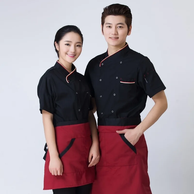 Women Men Stripe Chef Apparel Jacket Short Sleeve Restaurant Hotel Uniform 