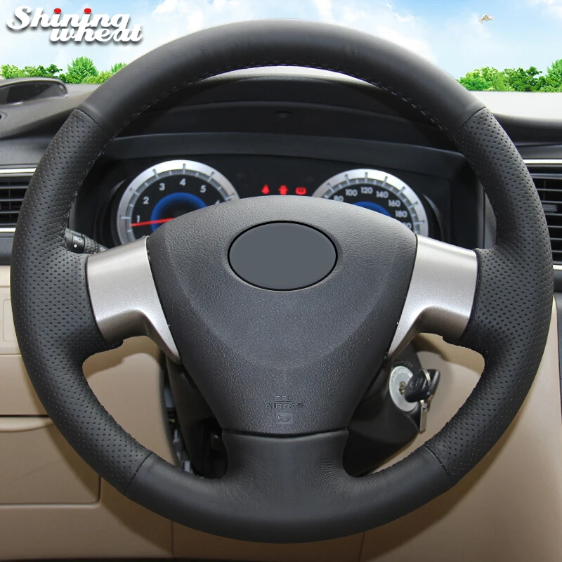 Shining wheat Black Genuine Leather Steering Wheel Cover for Toyota