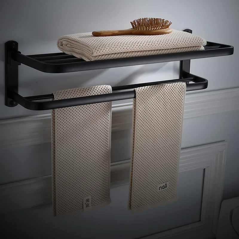 Baratos Toallero de baño de aleación de aluminio 50 60 cm de aceite negro cepillado plegable fijo toallero de baño estantes de baño plegables toallero