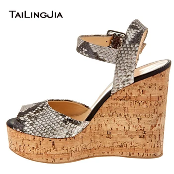 

Women's Brown Python Look Cork Wedge Sandals Snake Embossed Peep Toe Sky High Platforms Ladies Summer High Heel Shoes 2018