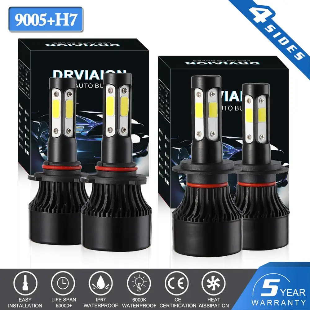 

4pcs 4 Sides 9005 + H7 LED Car Headlight Bulbs Combo 6500K 8000LM 12V 24V LED Lights for Cars 360 Degree DOB Chips