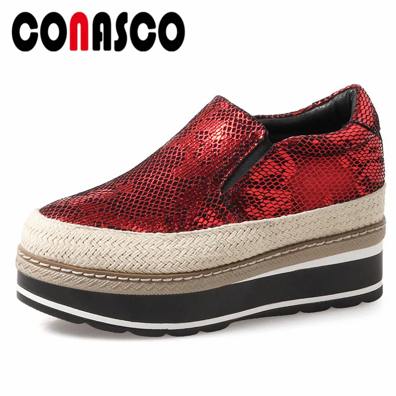

CONASCO New Women Flats Platfroms Shoes Genuine Leather Round Toe Casual Shoes Woman Rome Style Ladies Slip On Boat Shoes