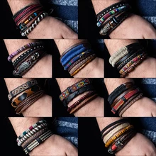 Винтажный многослойный браслет для мужчин, повседневные модные плетеные кожаные браслеты для женщин, браслет из листьев, дерева, бисера, панк-рок, мужские ювелирные изделия