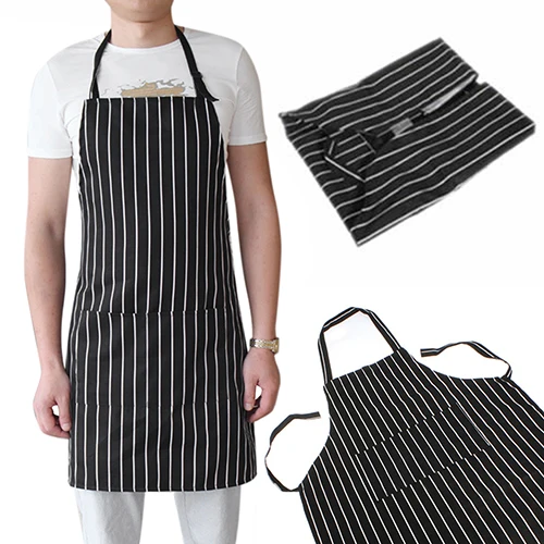 

New 2016 2016 Adjustable Adult Black Stripe Bib Apron With 2 Pockets Chef Waiter Kitchen Cook