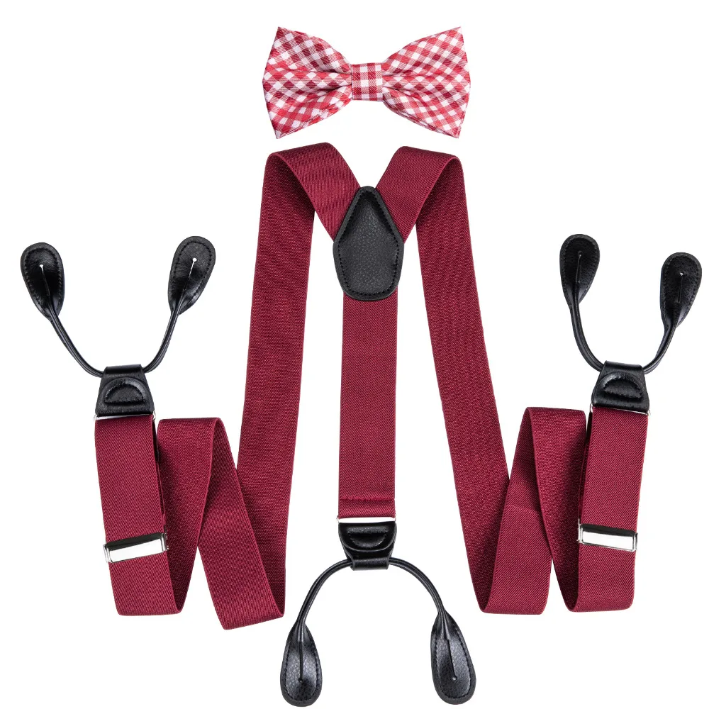 DiBanGu Red Solid Mens 6 Clips Suspenders Braces Red White Plaids Bowtie Set Real Leather Suspender As Gift For Men BH500-LH046