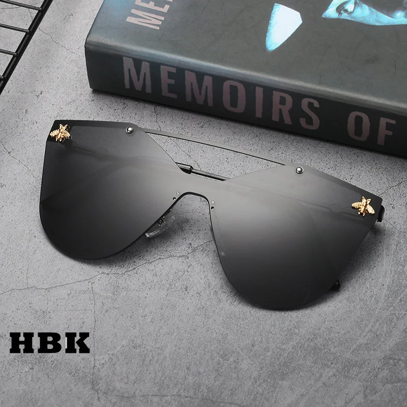 

HBK Women 2019 Luxury Cateye Sunglasses Trend New Brand Little Bee Glasses Fashion Brand One Piece Metal Frame Sunglasses UV400
