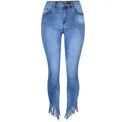 Для женщин Высокая талия Джинсы для женщин Ripped кисточкой обтягивающие джинсы женские джинсовые узкие брюки повседневные штаны уличная