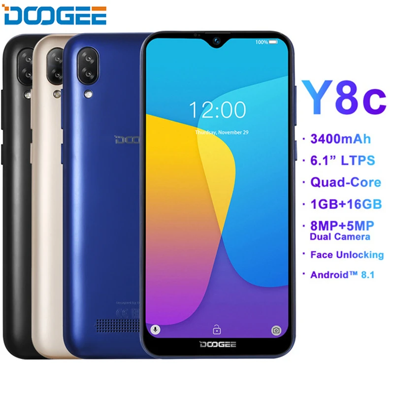 

DOOGEE Y8C 6.1inch Waterdrop Disaplay Smartphone Android 9.0 MTK6580 1GB 16GB Fingerprint ID 8MP 3400mAh 3G Mobile phone
