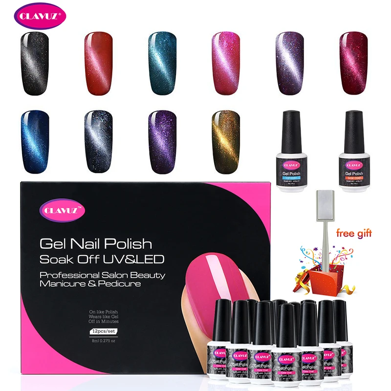 

CLAVUZ 8ml Gel Nail Polish 12 PCS Set 10 Pcs Magnetic Cat Eye And Base And Top Coat Free Gift UV LED Manicure Nail Starter Kit