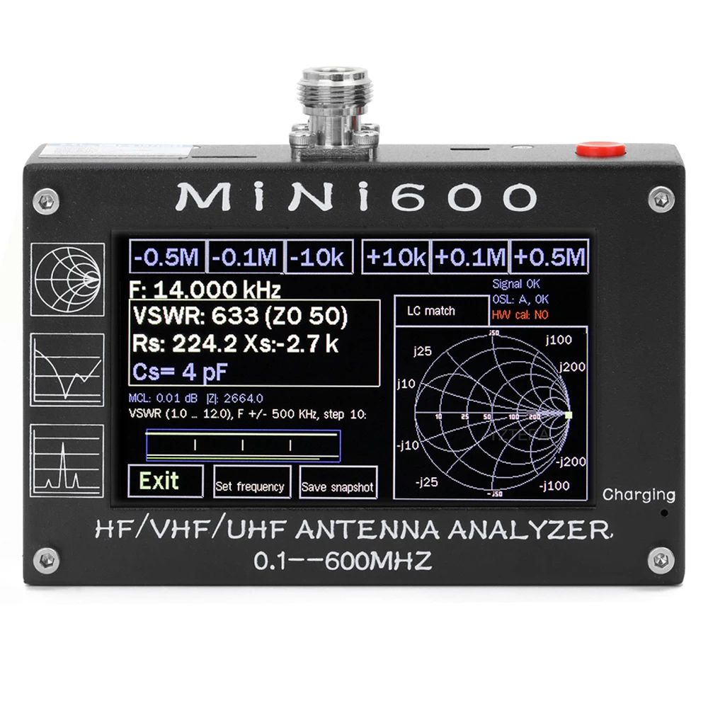

MiNi600 5V 1.5A HF VHF UHF 0.1-600MHz SWR Meter Frequency Counter Antenna Analyzer 1.0-1999 with 4.3" TFT LCD Touching Screen