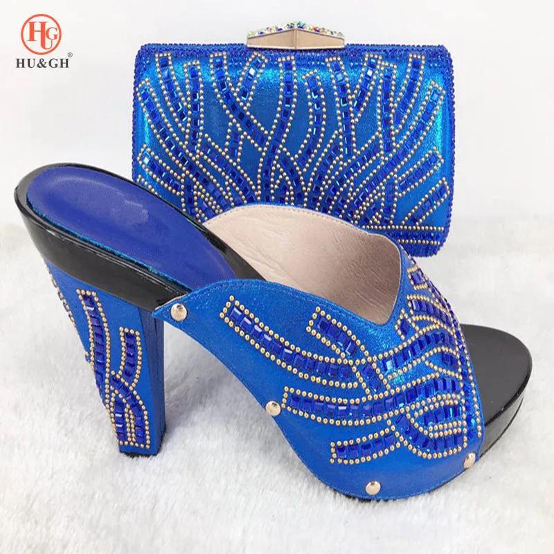 

Blue Color African Shoes and Bags To Match Shoes with Crystal Bag Set Decorated with Rhinestone Woman Italian Shoes and Bags Set