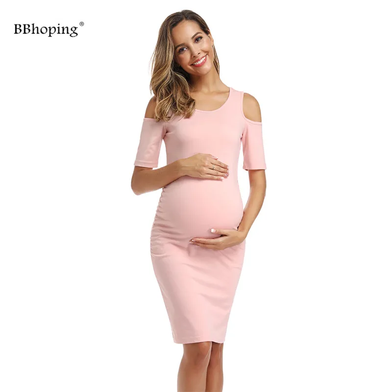 

Womens Cold Shoulder Bodycon Maternity Dress Half Sleeve 3/4 Sleeve Fitted Ruched Sides Casual Pregnancy Clothes For Baby Shower
