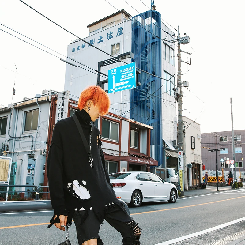 Destroyed Ripped Holes Knitted Sweater Mens Pullover Long Sleeve Turtleneck Oversize Winter Sweater New Streetwear Autumn Jumper