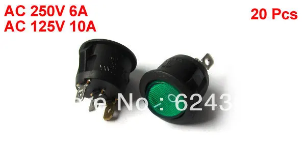 

20 Pcs x AC 250V/6A 125V/10A 3 Pin SPST ON/OFF Green Light Snap In Round Boat Rocker Switch