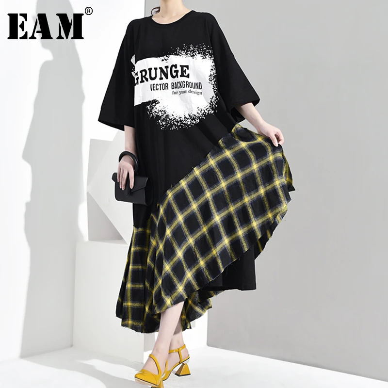 

[EAM] 2019 New Spring Summer Round Neck Three-quarter Sleeve Pattern Printed Plaid Irregular Big Size Dress Women Fashion JR772