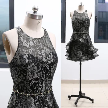 

MACloth Black Short O Neck Knee-Length Short Beading Lace Prom Dresses Dress L 264673 Clearance